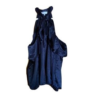 L'Academie Revolve Size Small Blue Satin Ruffle Cold Shoulder Tie Neck Blouse